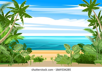 Beach. Seaside landscape. Tropical trees by the sea, ocean. Mountains in the distance on the horizon. Grass and thickets in the sand. Illustration. Vector