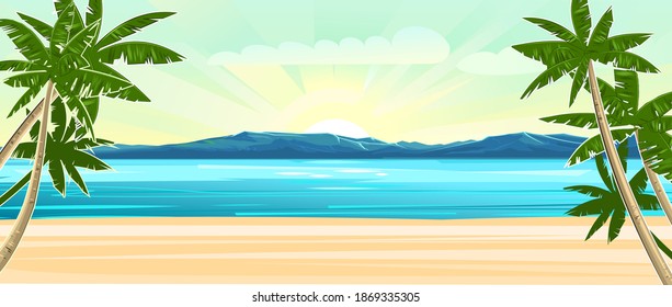 Beach. Seaside landscape. Tropical trees by the sea, ocean. Mountains in the distance on the horizon. Grass and thickets in the sand. Illustration. Vector