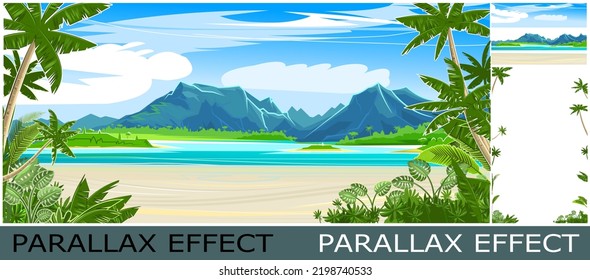 Playa. Paisaje costero. Árboles tropicales por mar, océano. Montañas a lo lejos en el horizonte. Grasa y espesor en la arena. Imagen de capas para superposición con efecto paralax. Vector.