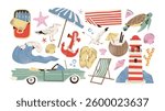 Beach seaside stickers set. Cartoon lighthouse, drinks, shells, sand and waves,  in Scandinavian retro doodle style. Tropical exotic minimalistic design summer shapes
