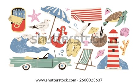 Beach seaside stickers set. Cartoon lighthouse, drinks, shells, sand and waves,  in Scandinavian retro doodle style. Tropical exotic minimalistic design summer shapes