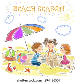 Beach season. Vector children illustration.