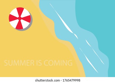 Beach seen from above with Summer IS COMING written on it. Vector illustration