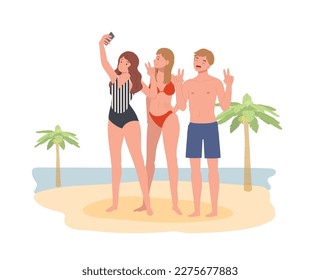 Beach selfie, cartoon happy man and woman character in swim suit using phone for selfie with friend. best friends have fun. Flat vector illustration