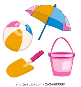 Beach set with beach ball, umbrella, beach bucket and shovel, vector illustration for kids 