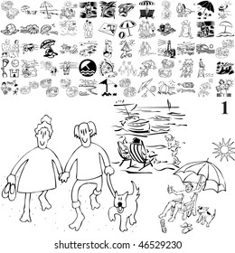 Beach set of black sketch. Part 105-1. Isolated groups and layers.