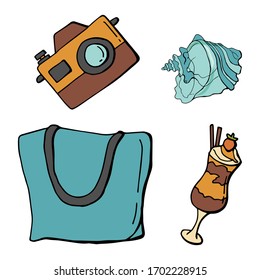 Beach set. Camera, beach bag, cocktail, seashell. Cartoon style illustration. White background, isolate. Stock Illustration.