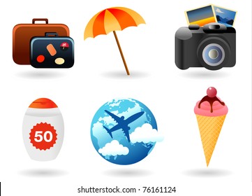 Beach Set From Camera, Ice Cream, Baggage, Airplane, Parasol And Sun Lotion