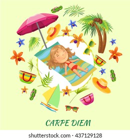 Beach set. Carpe diem. Composition icon poster vector illustration.
