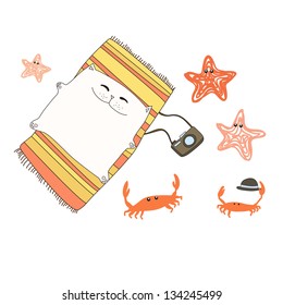 Beach set with cat. Vector illustration