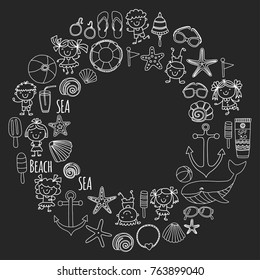 Beach set with children Kindergarten or school vacation Small kids, Nursery, Sea, Ocean, Lighthouse. Boys and girls Doodle vector icons and patterns