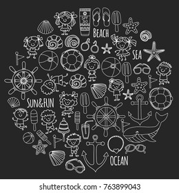 Beach set with children Kindergarten or school vacation Small kids, Nursery, Sea, Ocean, Lighthouse. Boys and girls Doodle vector icons and patterns