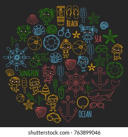 Beach set with children Kindergarten or school vacation Small kids, Nursery, Sea, Ocean, Lighthouse. Boys and girls Doodle vector icons and patterns