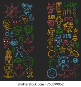 Beach set with children Kindergarten or school vacation Small kids, Nursery, Sea, Ocean, Lighthouse. Boys and girls Doodle vector icons and patterns