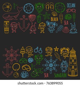 Beach set with children Kindergarten or school vacation Small kids, Nursery, Sea, Ocean, Lighthouse. Boys and girls Doodle vector icons and patterns