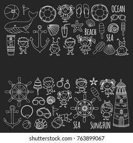 Beach set with children Kindergarten or school vacation Small kids, Nursery, Sea, Ocean, Lighthouse. Boys and girls Doodle vector icons and patterns