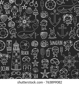 Beach set with children Kindergarten or school vacation Small kids, Nursery, Sea, Ocean, Lighthouse. Boys and girls Doodle vector icons and patterns