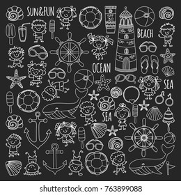 Beach set with children Kindergarten or school vacation Small kids, Nursery, Sea, Ocean, Lighthouse. Boys and girls Doodle vector icons and patterns