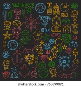 Beach set with children Kindergarten or school vacation Small kids, Nursery, Sea, Ocean, Lighthouse. Boys and girls Doodle vector icons and patterns
