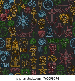 Beach set with children Kindergarten or school vacation Small kids, Nursery, Sea, Ocean, Lighthouse. Boys and girls Doodle vector icons and patterns