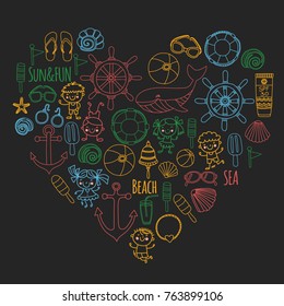 Beach set with children Kindergarten or school vacation Small kids, Nursery, Sea, Ocean, Lighthouse. Boys and girls Doodle vector icons and patterns
