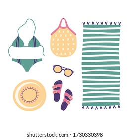 beach set of clothes and accessories, swimsuit, sandals, hat, sunglasses, bag and towels isolated on white background, flat design cartoon style women clothes illustration