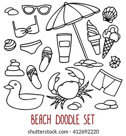 Beach set, a collection of simple doodle drawings: parasol, sunglasses, swimsuit, sandals, shells, crab, ice cream, suntan cream, rubber ring for swimming, pebbles.