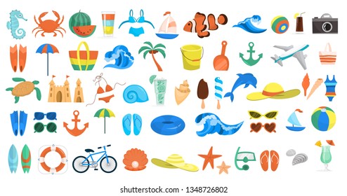 Beach set. Collection of summer vacation stuff. Cocktail and sea foam, starfish and sunglasses. Relaxation on the beac concept. Vector illustration in cartoon style