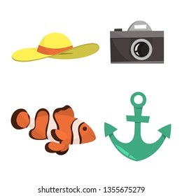 Beach set. Collection of summer vacation stuff. Hat, camera and fish. Relaxation on the sea concept. Vector illustration in cartoon style