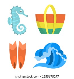 Beach set. Collection of summer vacation stuff. Water wave, seahorse and beach bag. Relaxation on the sea concept. Vector illustration in cartoon style