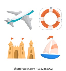 Beach set. Collection of summer vacation stuff. Ship, sand castle and plane. Relaxation on the sea concept. Vector illustration in cartoon style