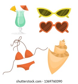 Beach set. Collection of summer vacation stuff. Cocktail, swimming suit and sunglasses. Relaxation on the sea concept. Vector illustration in cartoon style