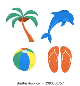Beach set. Collection of summer vacation stuff. Palm, ball and dolphin. Relaxation on the sea concept. Vector illustration in cartoon style
