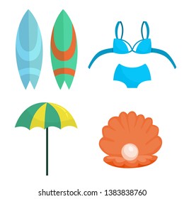 Beach set. Collection of summer vacation stuff. Umbrella and swimming suit. Relaxation on the sea concept. Vector illustration in cartoon style