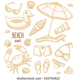 Beach set, a collection of yellow and beige pictures on a white background: parasol, sunglasses, swimsuit, sandals, shells, crab, ice cream, suntan cream, rubber ring for swimming, pebbles.