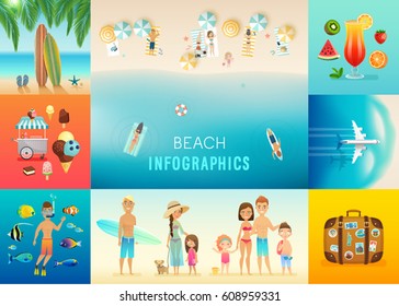 Beach set with concepts of snorkeling, surfing, travel and others. Vector illustration.