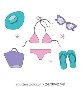 A beach set consisting of a swimsuit, sunglasses, large flip-flops and a hat. on a white background.