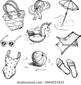 Beach set in doodle style with a hat, a unicorn circle, sunglasses, a swimsuit, a ball, a beach umbrella, a sun lounger, a beach bag and flip flops. Graphic arts