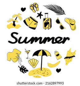 Beach set in doodle style with umbrella, palms, shirt, flip flops, panama, cocktail, son glasses, banana, swim suit