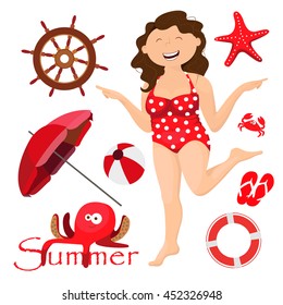 beach set , a girl in a bathing suit , summer, vector