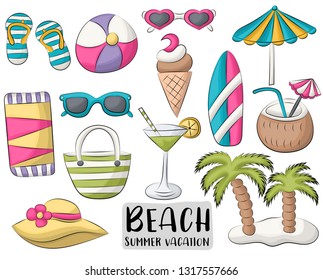 Beach set of icons and objects. Hand drawn doodle cartoon style summer tropical vacation design concept. Vector illustration.