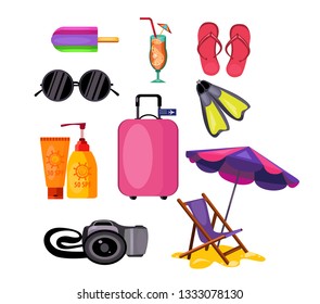 Beach set illustration. Different beach things on white background. Vacation concept. Vector illustration can be used for topics like beach, resort, vacation