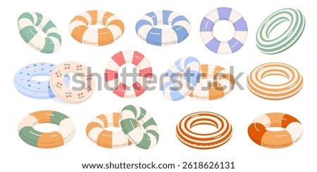 Beach set of inflatable striped swimming circles in retro style. Ideal for summer parties, water activities, resorts, kids and adults. High quality vector illustrations on white isolated background.