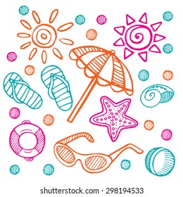 Beach set on a white background. A beach vacation. Beach, beach umbrella, flip flops, starfish, beach ball, sunglasses, sun, sea, vacation, journey.