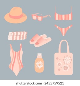 Beach set in peach tones. Isolated elements swimsuit, towels, sunglasses, flip flops, hat, cream.