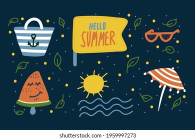 Beach set for recreation. Cartoon summer pattern. Travel concept with doodles. Beach bag, ice cream, watermelon, sun glasses. Vector illustration