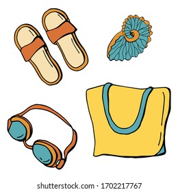 Beach set. Beach slippers, diving goggles, beach bag, seashells. Cartoon style illustration. White background, isolate. Stock Illustration.