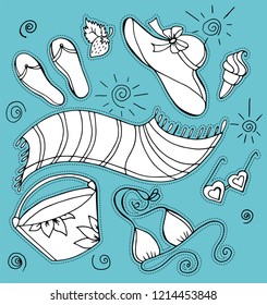 Beach set. Set of stickers. Beach, sun, rest, shale, strawberry, hat, ice cream, towel, bag, sunglasses, swimsuit. 
