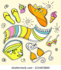 Beach set. Set of stickers. Beach, sun, rest, shale, strawberry, hat, ice cream, towel, bag, sunglasses, swimsuit. 
