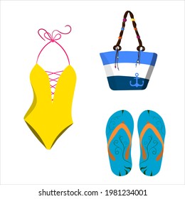 beach set, summer bag, slippers, swimsuit. vector isolated on a white background